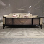 Rectangular Coffee Table with Marble-Effect Top and Natural Wood Veneer Detailing